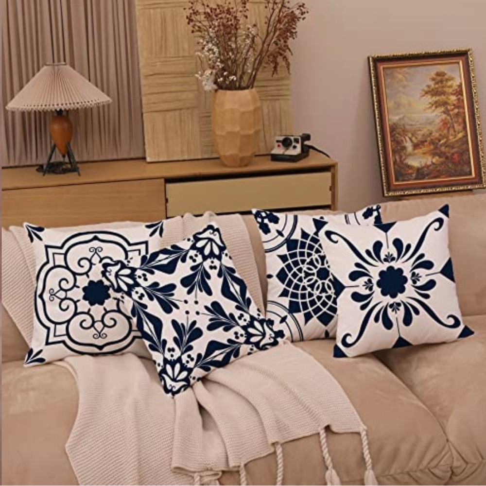 Geometric Navy Blue Flower Decorative Throw Pillow Covers 20x20”, Set of 4 - Picture 5 of 6